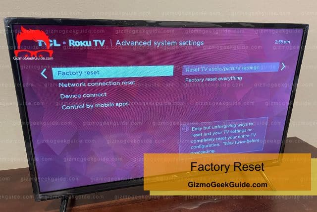 Factory reset menu on TV screen